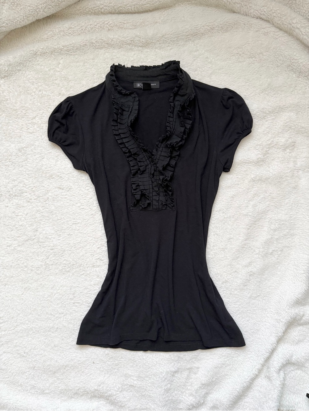 INC International Concepts Black Ruffle V-Neck Short Sleeve Top